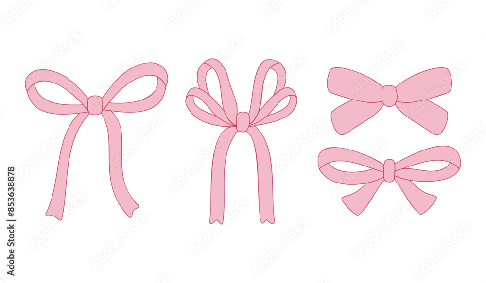 Set of Pink Bow and Ribbon Vector Illustration. Coquette, Feminine, and Trendy in Outline style Set of Pink Bow and Ribbon Vector Illustration. Coquette, Feminine, and Trendy in Outline style