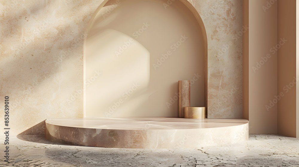 Detailed rendering of a blank stone podium in 3D, showcasing its potential as a premium display platform for cosmetics with a focus on modern aesthetics Detailed rendering of a blank stone podium in 3D, showcasing its potential as a premium display platform for cosmetics with a focus on modern aesthetics