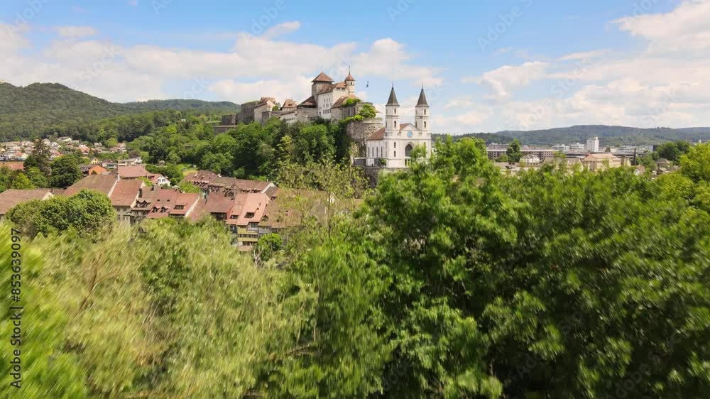 Drone reveal shot of evangelical church and castle in Aarburg Switzerland Drone reveal shot of evangelical church and castle in Aarburg Switzerland
