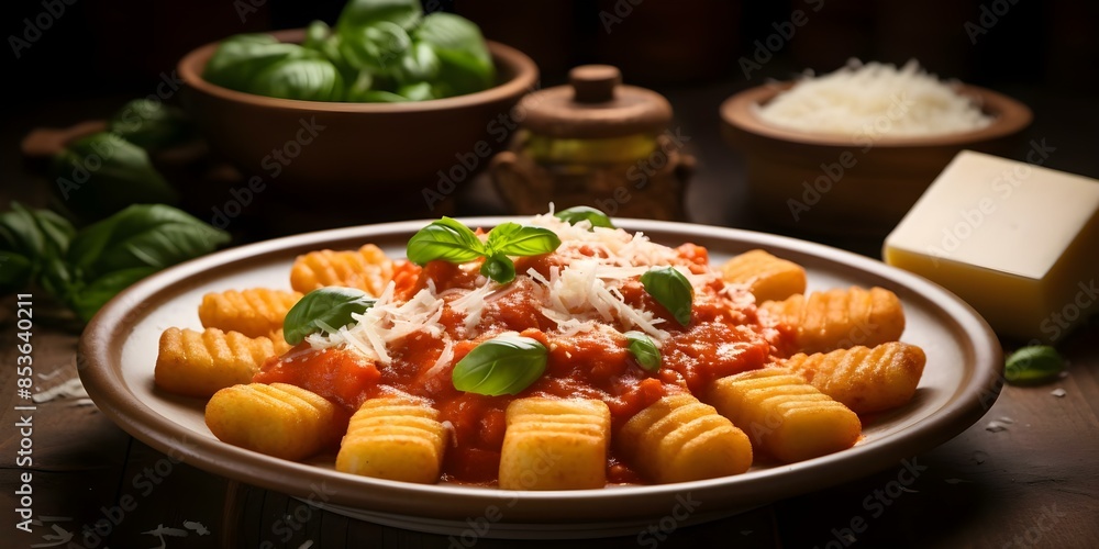 Savor the Flavor Tender Italian Gnocchi with Tomato Sauce and Cheese. Concept Italian Cuisine, Gnocchi, Tomato Sauce, Cheese, Savoring Flavor Savor the Flavor Tender Italian Gnocchi with Tomato Sauce and Cheese. Concept Italian Cuisine, Gnocchi, Tomato Sauce, Cheese, Savoring Flavor
