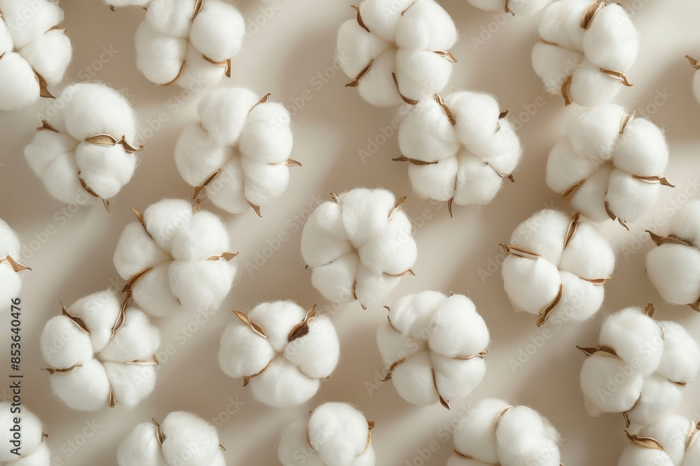 Many cotton flowers are lying on a beige background forming a beautiful pattern Many cotton flowers are lying on a beige background forming a beautiful pattern