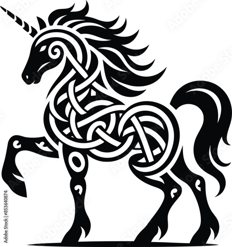 unicorn in silhouete with celtic knot pattern illustration