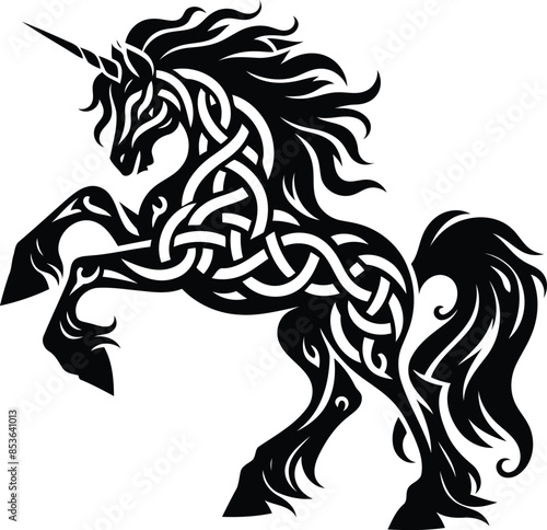 unicorn in silhouete with celtic knot pattern illustration