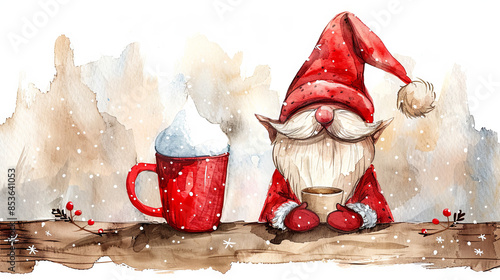 Watercolor Christmas gnome and red mug on the snow background, greeting card concept 