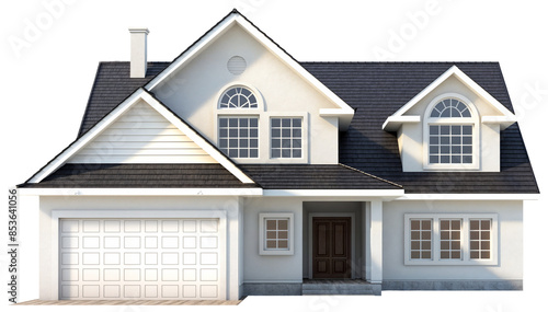 Front view of a modern white family house with a garage for cars isolated on a transparent background