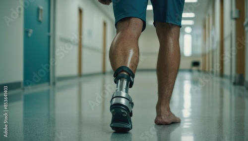 A person with a prosthetic leg walking down a hospital corridor on crutches, symbolizing resilience and the journey of recovery