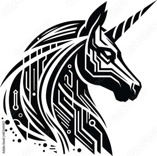 unicorn in silhouete with cyberpunk pattern illustration