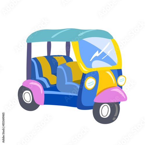 A tuk tuk, drawn in a graphic cartoon, is a local motorized three-wheeled passenger vehicle in Bangkok. It is a symbol of Thailand.