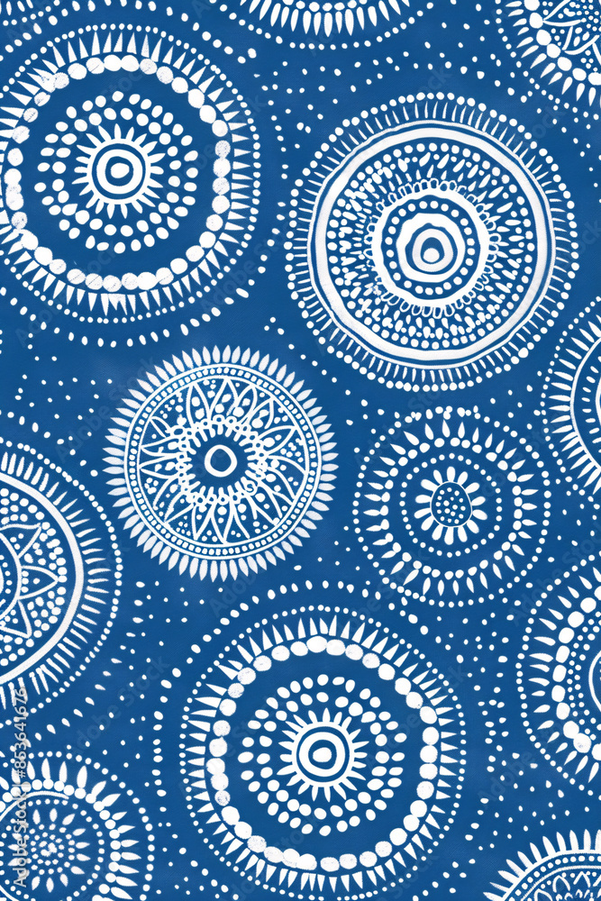White dotted circles in various sizes on a dark blue background form a symmetrical pattern White dotted circles in various sizes on a dark blue background form a symmetrical pattern