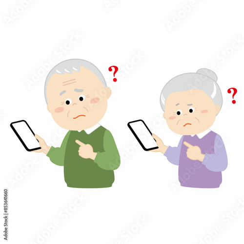 スマホを覗き込むシニア夫婦