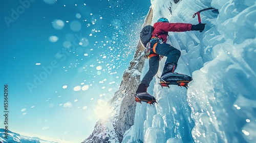 A dynamic action shot of an ice climber swinging an ice axe into a vertical ice wall, with shards of ice flying and a clear blue sky overhead photo