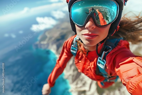 A dynamic perspective from the helmet cam of a wingsuit flyer, capturing the thrilling speed and breathtaking views during the flight photo