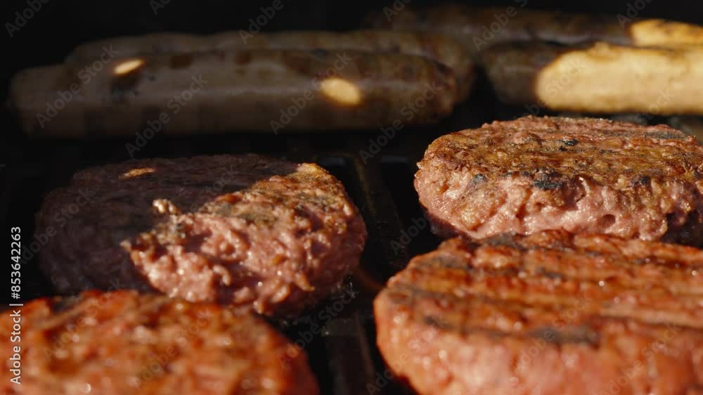 Close Up of Meat Free Burgers Being Flame Grilled on BBQ in Evening Light with Plant Based Sausages in Background Close Up of Meat Free Burgers Being Flame Grilled on BBQ in Evening Light with Plant Based Sausages in Background