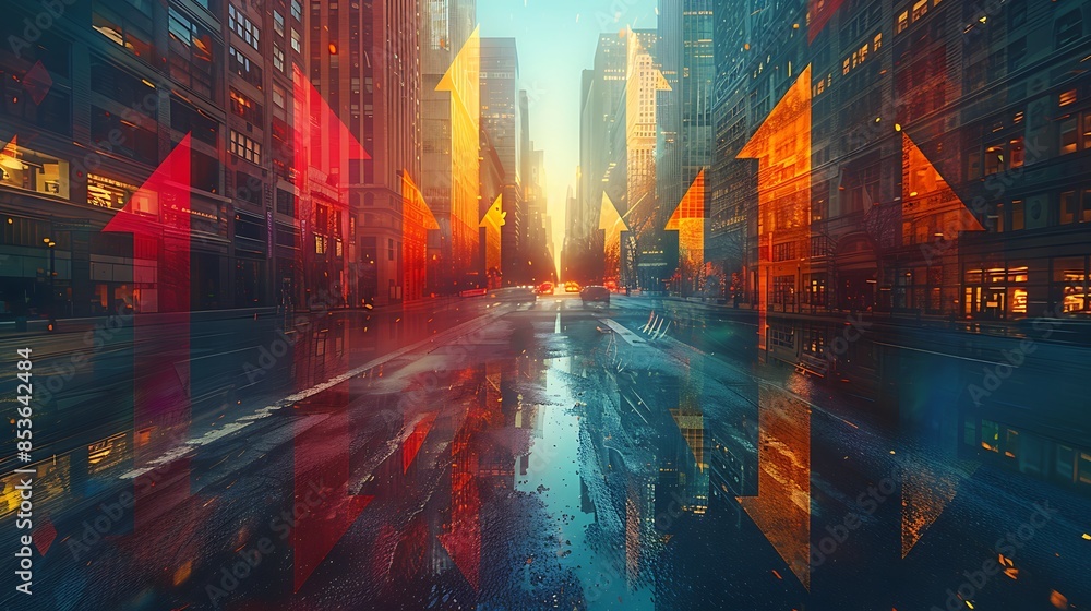 An abstract design featuring arrows moving dynamically in a traffic-like flow on a cityscape background. The arrows are brightly colored, creating a sense of motion An abstract design featuring arrows moving dynamically in a traffic-like flow on a cityscape background. The arrows are brightly colored, creating a sense of motion