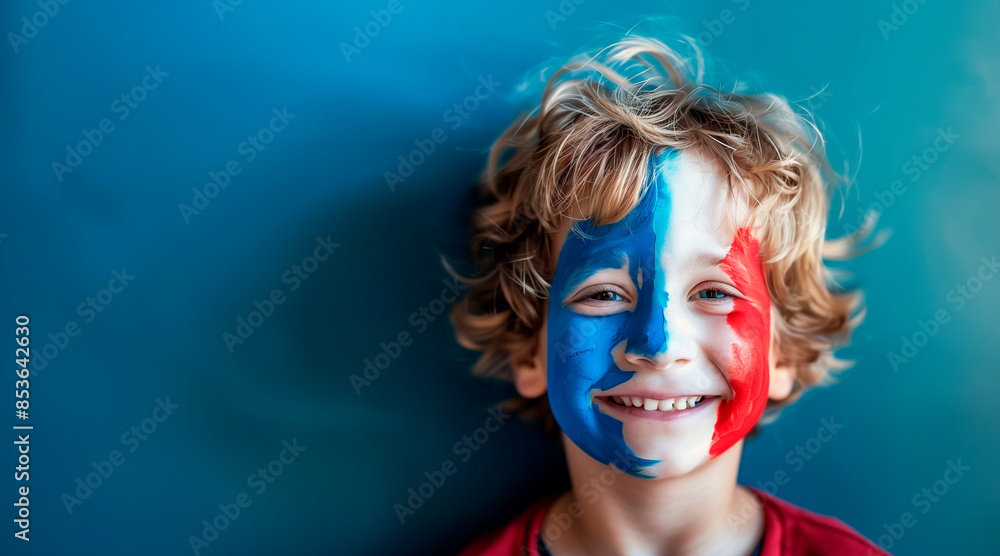 European football championship UEFA Euro 2024. a girl fan of the French soccer team with her face painted with the colors of the French flag European football championship UEFA Euro 2024. a girl fan of the French soccer team with her face painted with the colors of the French flag