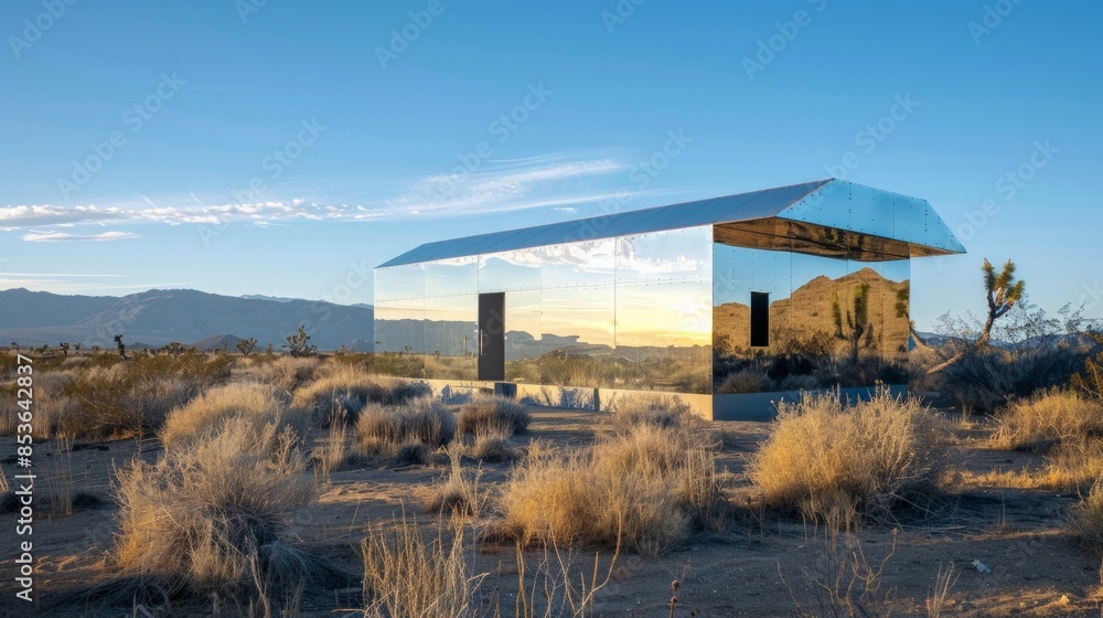 House made by mirror in sand desert, futuristic developer project House made by mirror in sand desert, futuristic developer project