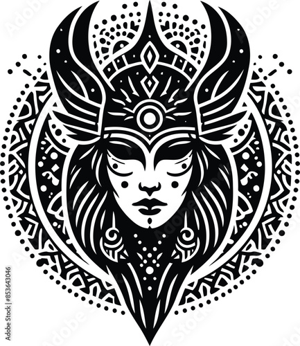 valkyre in silhouete with bohemian nature pattern illustration