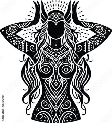valkyre in silhouete with bohemian nature pattern illustration