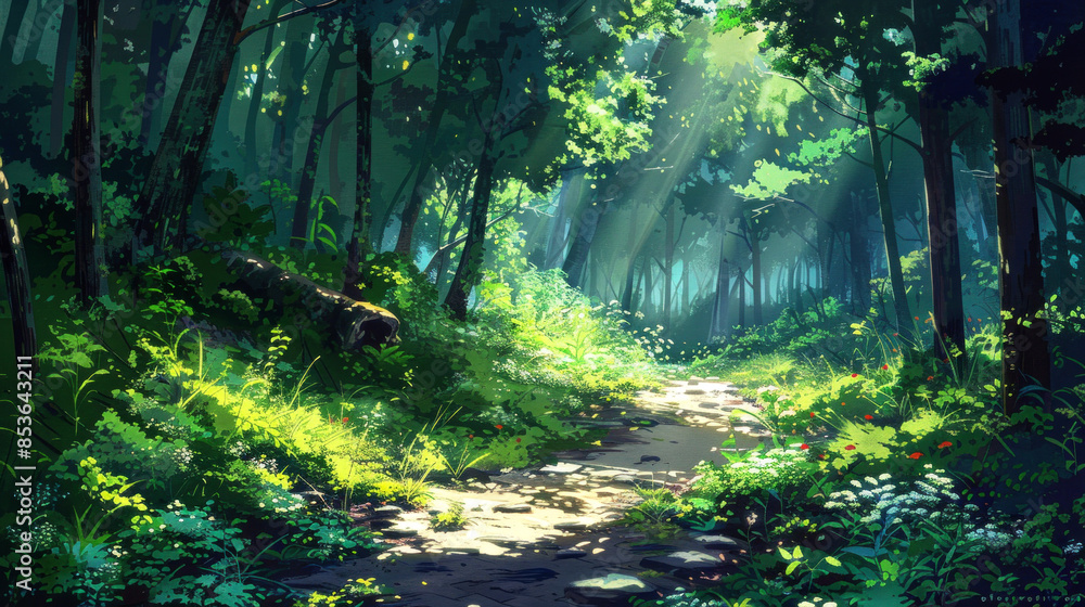 Obraz premium illustration art forest at summer style art anime