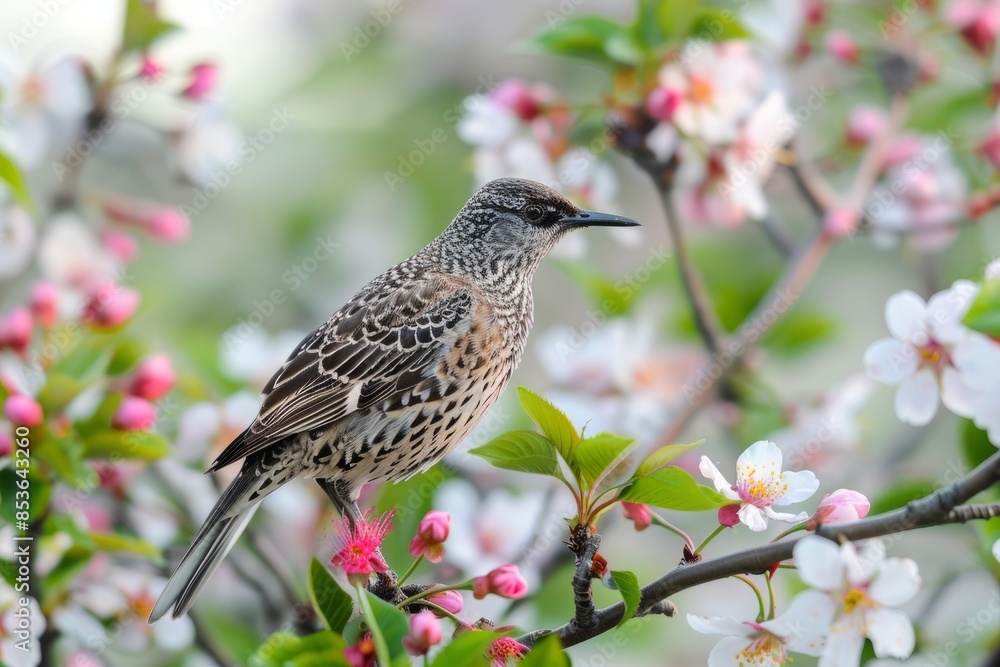 a close-up of a rare migratory bird perched on a blossoming tree a close-up of a rare migratory bird perched on a blossoming tree