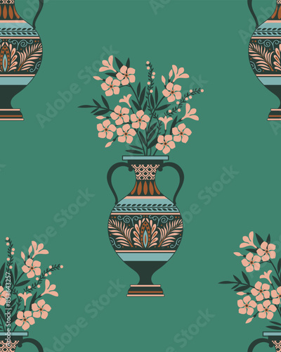 Seamless pattern with decorative ancient greek vase and flowers