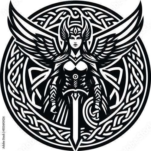 valkyre in silhouete with celtic knot pattern illustration