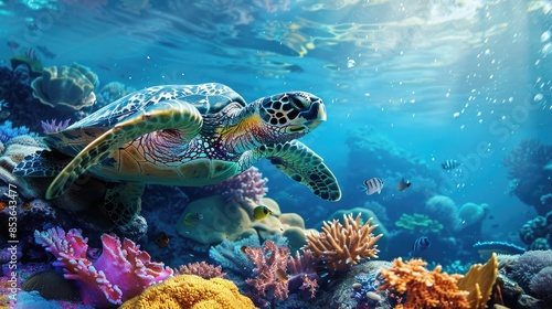 A beautiful sea turtle explores a vibrant underwater world, surrounded by coral and marine life