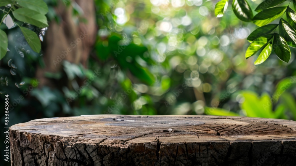 Natural Wooden Stump with Lush Greenery Background, Generative AI Natural Wooden Stump with Lush Greenery Background, Generative AI