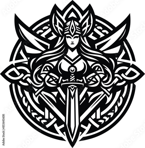 valkyre in silhouete with celtic knot pattern illustration