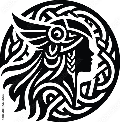 valkyre in silhouete with celtic knot pattern illustration