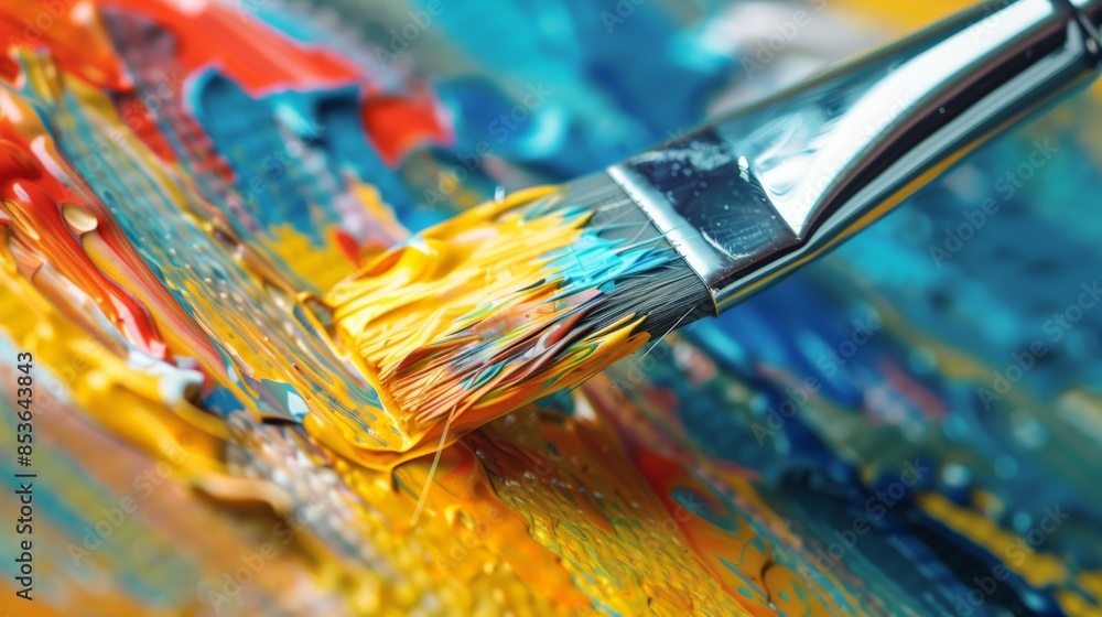 Fototapeta premium A brush is dipped into a palette of paint, with a mixture of red, blue