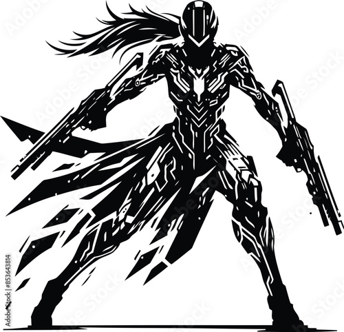 valkyre in silhouete with cyberpunk pattern illustration