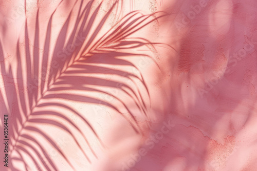 Sunlight casting shadow from palm leaf on pink concrete wall, creating beautiful natural pattern © Alexandra