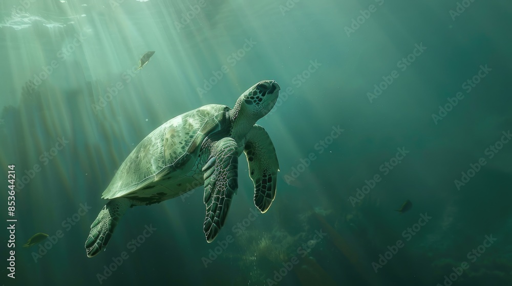 Obraz premium A majestic sea turtle glides gracefully against a stunning underwater backdrop, showcasing the beauty of marine life