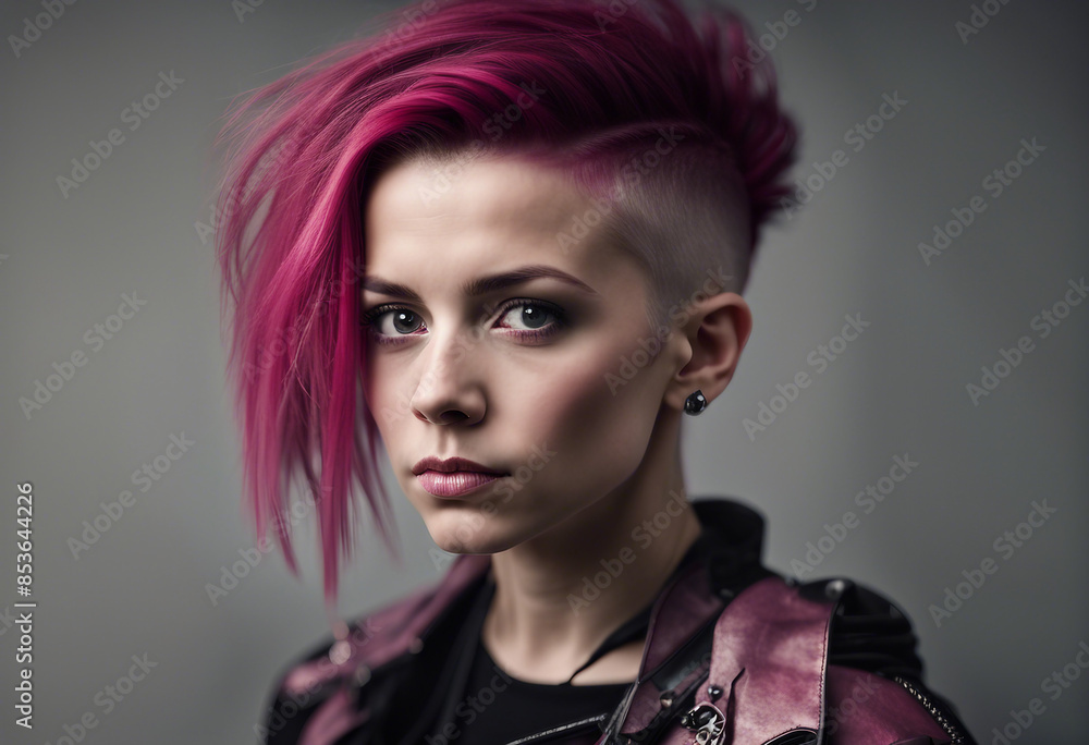 portrait of a girl in a punk outfit with pink hair shaved on the side, isolated white background portrait of a girl in a punk outfit with pink hair shaved on the side, isolated white background
