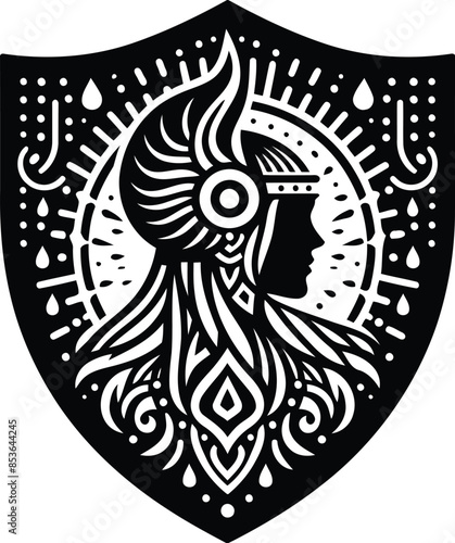 valkyre in silhouete with cyberpunk pattern illustration