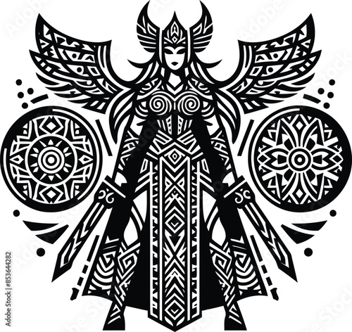 valkyre in silhouete with Polynesian ethnic pattern illustration