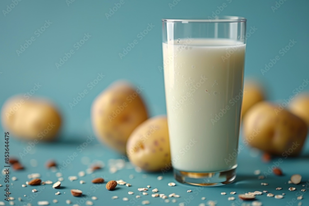 Potato milk in a glass with whole potatoes and almond grains, presented on a striking blue background. Vegan and lactose-free Potato milk in a glass with whole potatoes and almond grains, presented on a striking blue background. Vegan and lactose-free