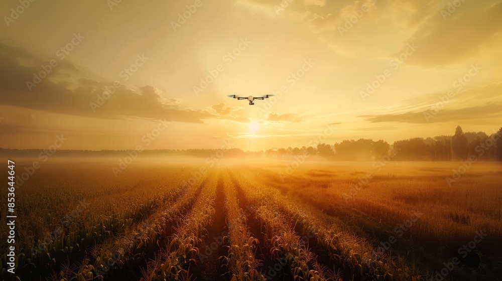 Agricultural drone flying around sweet corn fields to spray fertilizer is an agricultural smart farm business idea with twilight sky background. Agricultural drone flying around sweet corn fields to spray fertilizer is an agricultural smart farm business idea with twilight sky background.