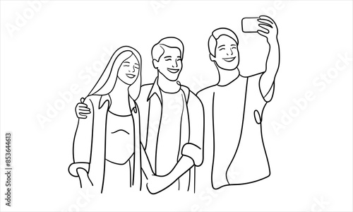 Three friends taking pictures, teenagers hugging continuous line art drawing isolated on white background. Vector illustration
