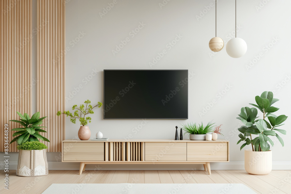 Modern Living Room with Natural Elements with empty TV for mockup Modern Living Room with Natural Elements with empty TV for mockup