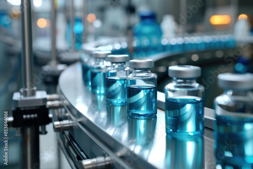 Pharmaceutical manufacturing line is producing vials filled with blue liquid, in a modern factory
