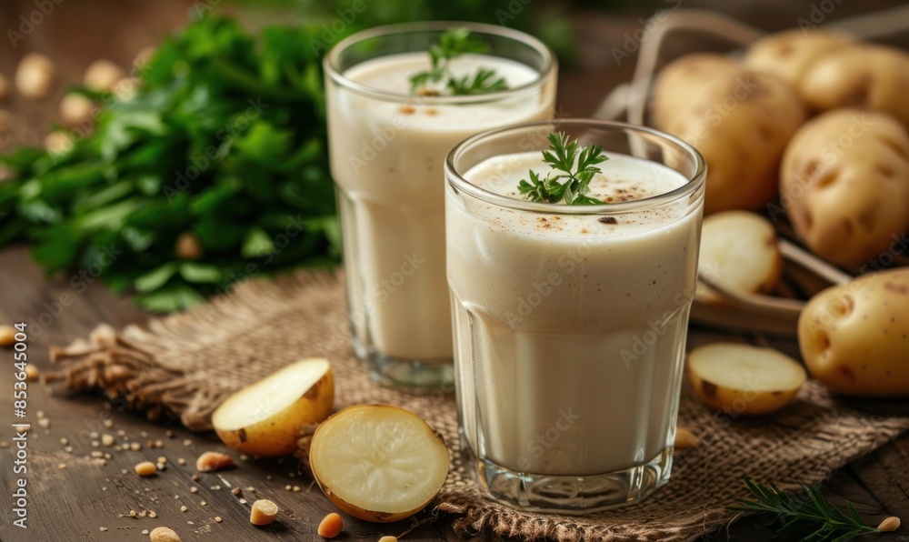 Potato milk, vegan potato milk in a glass, and potatoes on a brown kitchen background, plant milk