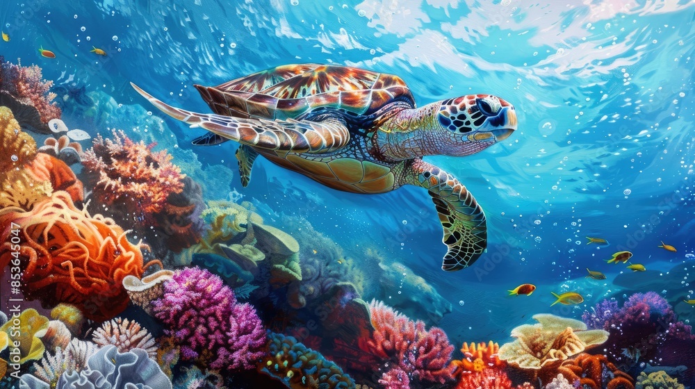 Capture the serene beauty of a sea turtle swimming amidst vibrant coral reefs and clear blue waters. Capture the serene beauty of a sea turtle swimming amidst vibrant coral reefs and clear blue waters.