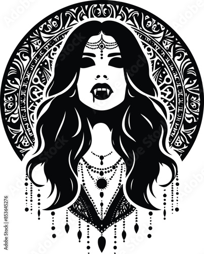 vampire female in silhouete with bohemian nature pattern illustration