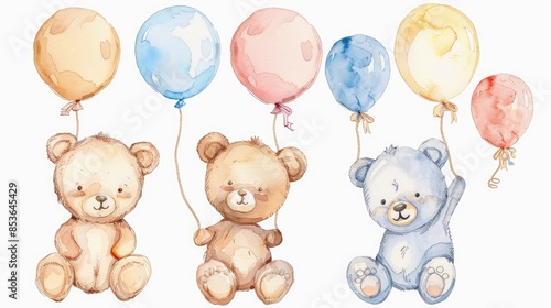 Enchanting watercolor set of baby teddy bears and balloons, ideal for adding a whimsical touch to your work.