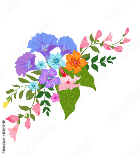 Graphic drawing of a colorful bouquet consisting of morning glory, colorful flowers, and fern leaves on a white