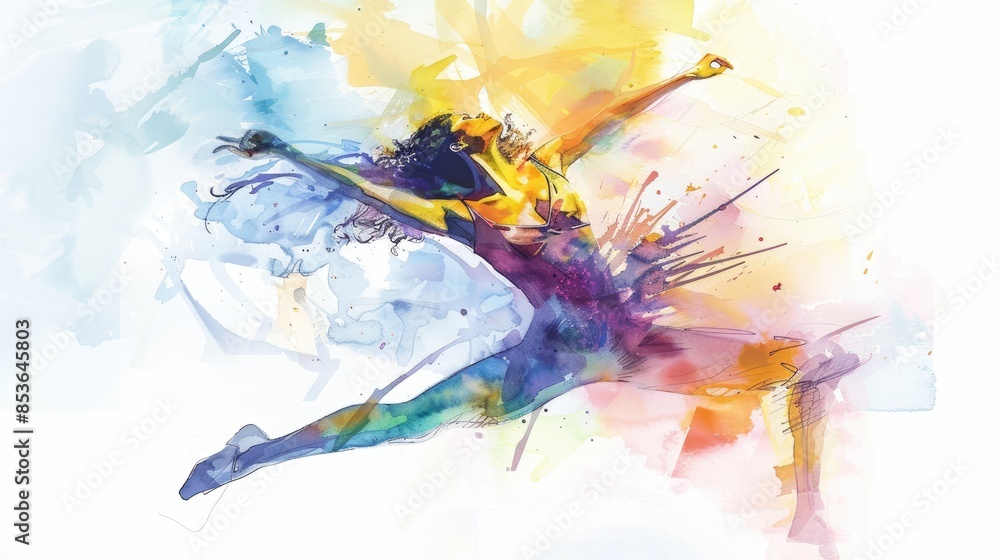 Fototapeta premium Feel the rhythm in this artistic watercolor illustration of a dancer expressing pure joy through movement.