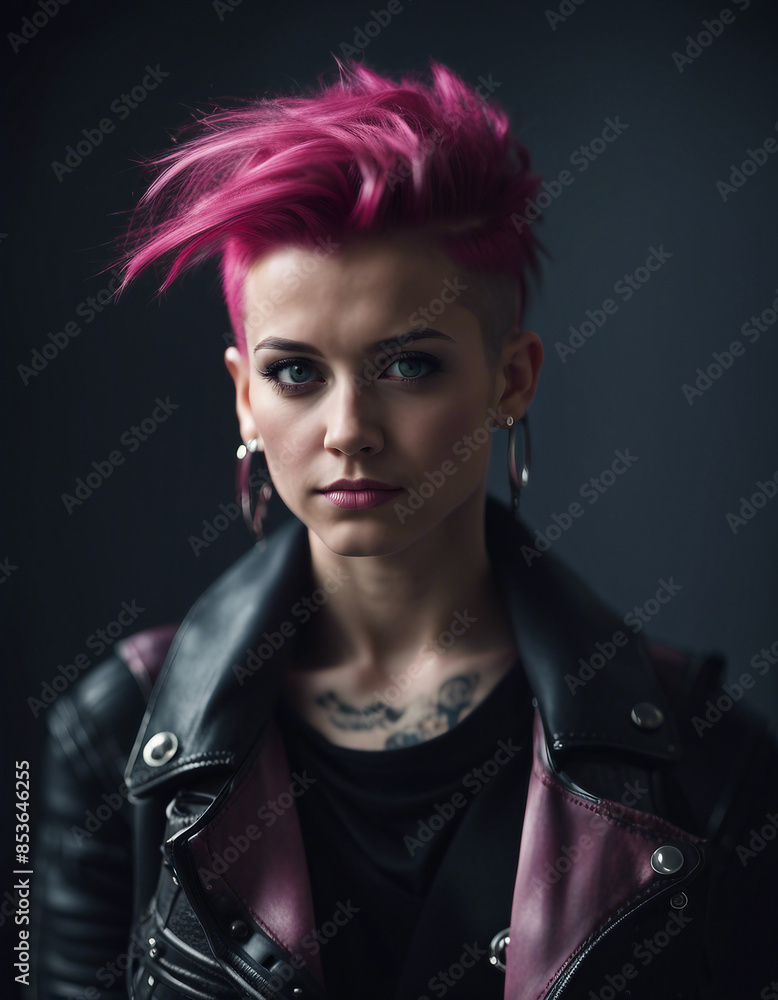 portrait of a girl in a punk outfit with pink hair shaved on the side, isolated white background portrait of a girl in a punk outfit with pink hair shaved on the side, isolated white background