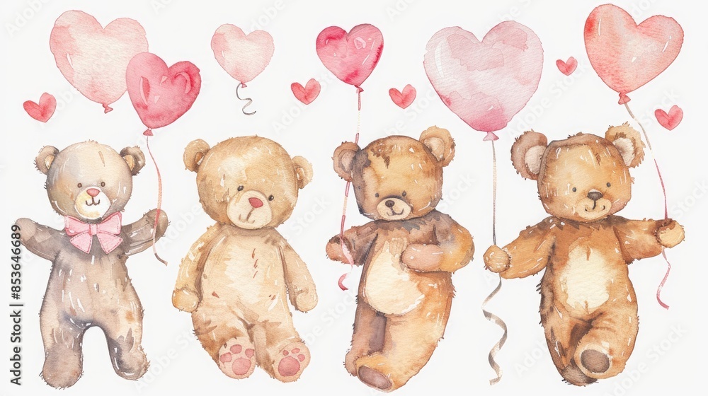 Fototapeta premium Whimsical watercolor teddy bears and balloons create a heartwarming illustration set for your designs.